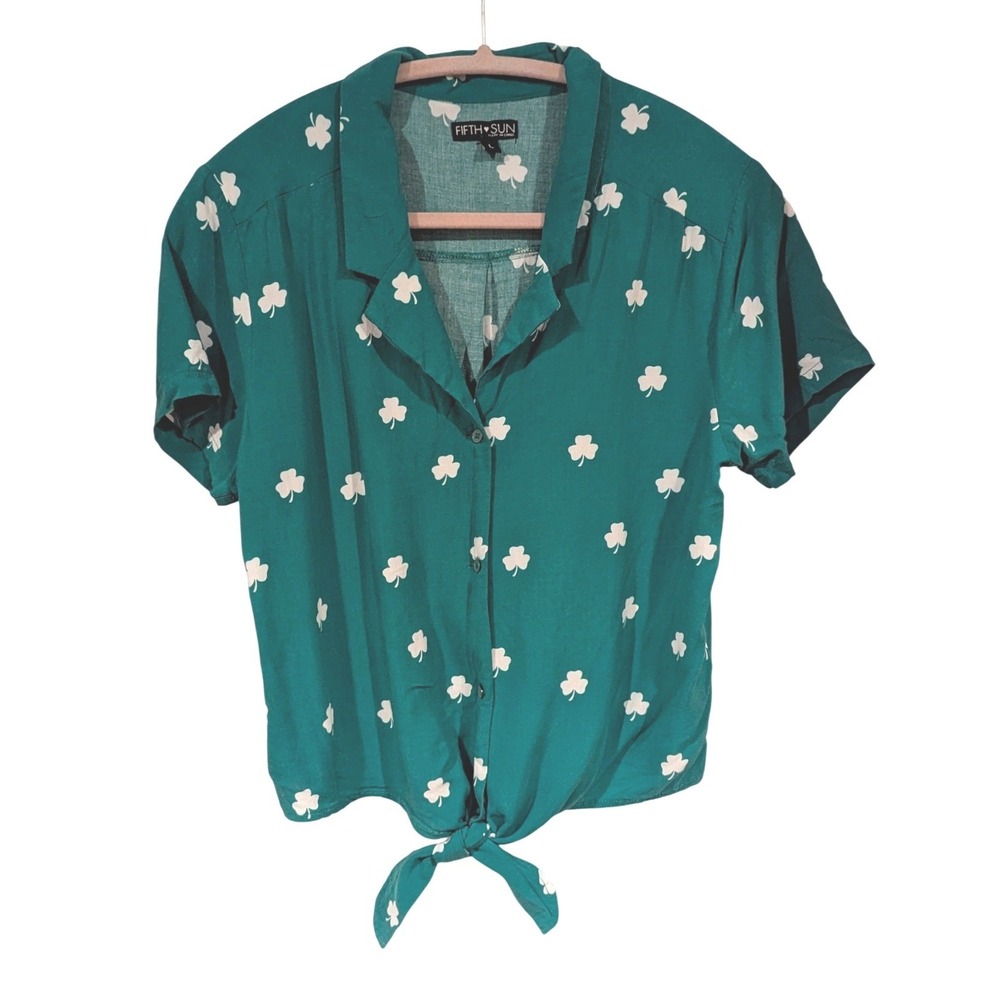 Fifth Sun Shamrock Tie Front Top L Green Clover‎ St Patricks Day Shirt